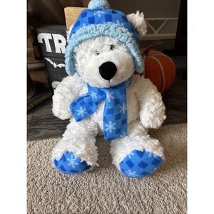 Adorable White Teddy Bear Plush Toy with Snowflake Hat Scarf Blue Winter Outfit